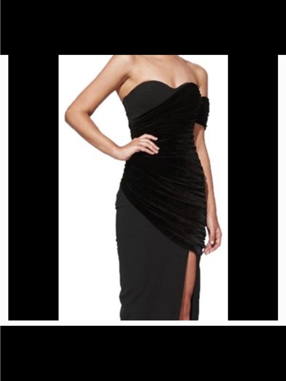 Strapless Black Ruched Velvet Midi Dress with Slit